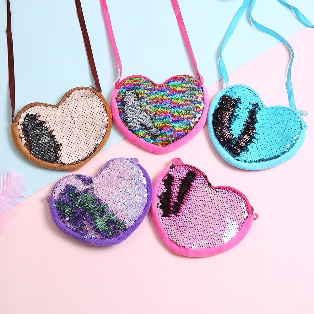 Children's Gift Girl's Cute Cartoon Shoulder Bag Crossbody Bags DIY Funny Heart-shaped Sequin Coin Purse Coin Pouch Cute