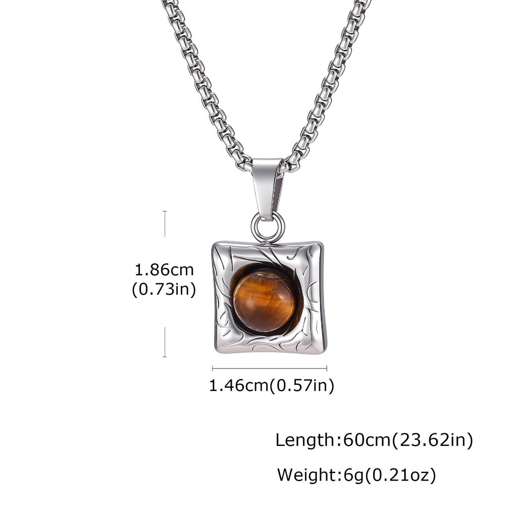 Stainless Steel Squre Pendant Necklace for Men,Casual Natural Agate Tiger Eye Stone Necklace,Hip Hop Punk Jewelry Gift