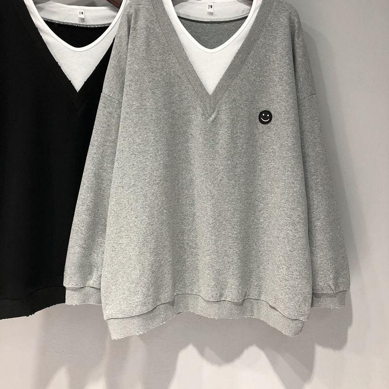 

Женский свитшот Весна Осень Новый Тонкий Имитация Двойки V-образный вырез Длинный рукав Топ L серый