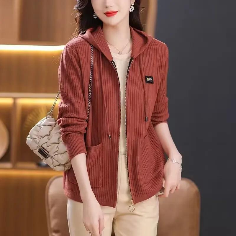 Women's Fall Short Pocket Cardigan Knitted Jacket Middle Aged Loose Hooded Jacket