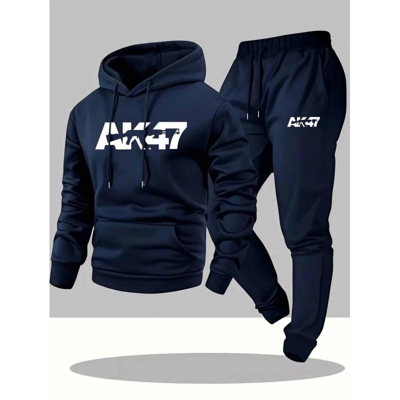 Mens Long Sleeve Hooded Sweatshirt Pants Set Letter AK Print Casual Sport Style Youth Fashion
