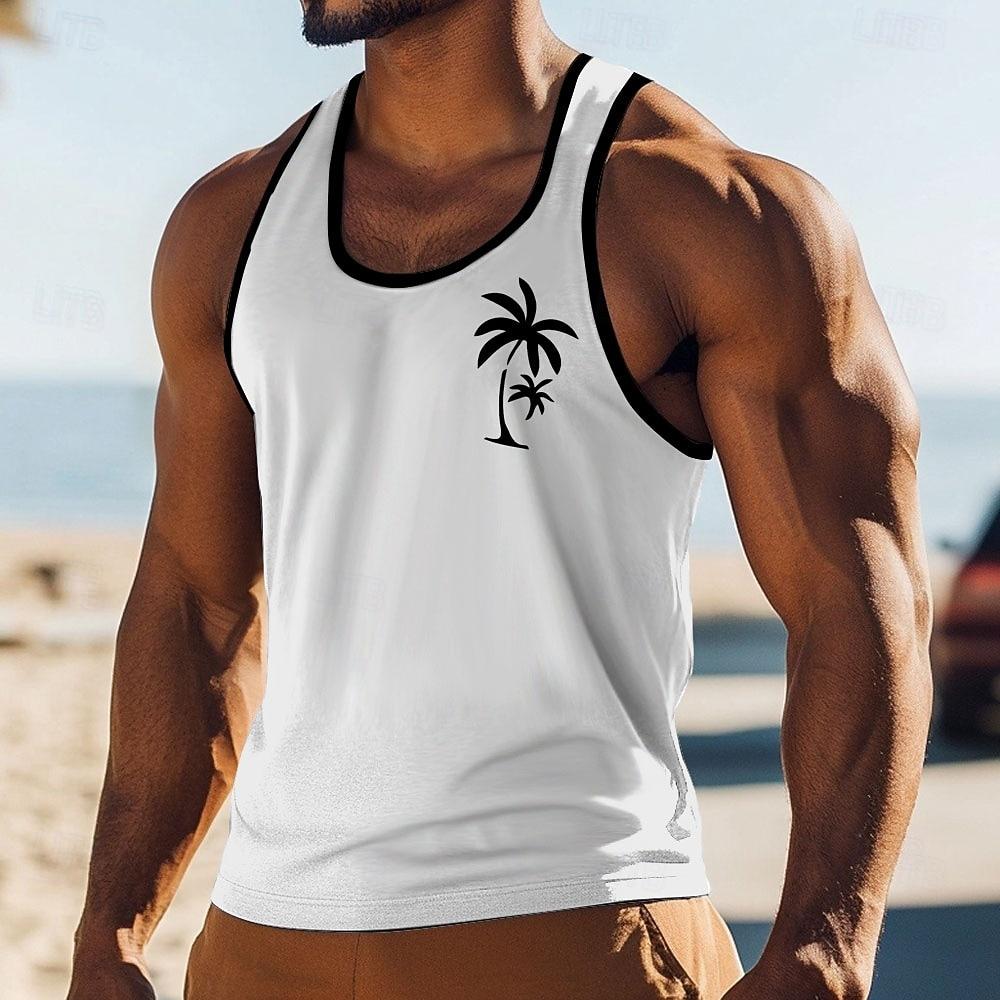Men's Twin Palm Tree Silhouette Graphic Tropical Hawaiian Minimalist Yellow Tank Top Vest Sleeveless Shirt