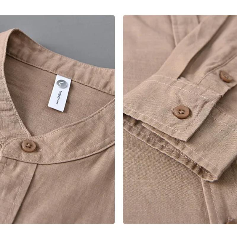 Einfacher Stil Baumwolle Leinen Hemden für Herren Frühling Sommer Täglich Lässig Langarmhemd Tasche Stehkragen Einfarbiges Hemd Strand Atmungsaktiv Herren Top