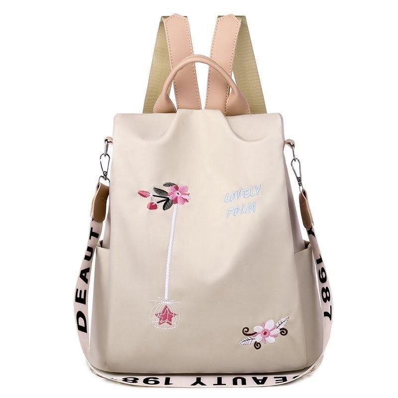 Floral Embroidered Double Backpack Large Capacity Women's Bag Oxford Fabric Blue Black Khaki