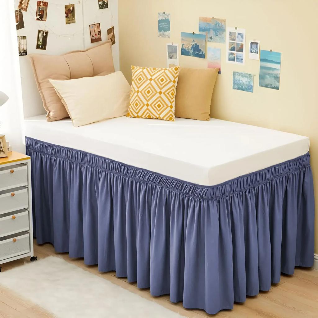 Extra Long College Hostel Dorm Room Bed Skirt Wrap Around Pretty Ruffles Bed Skirt Valance with Three Sides Fabric for Twin Bed