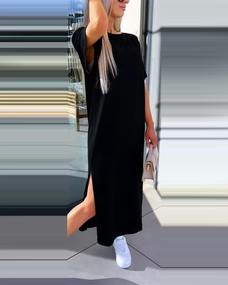 Women's Solid-Color Short-Sleeve Round-Neck Split-Hem Dress for Summer and Fall
