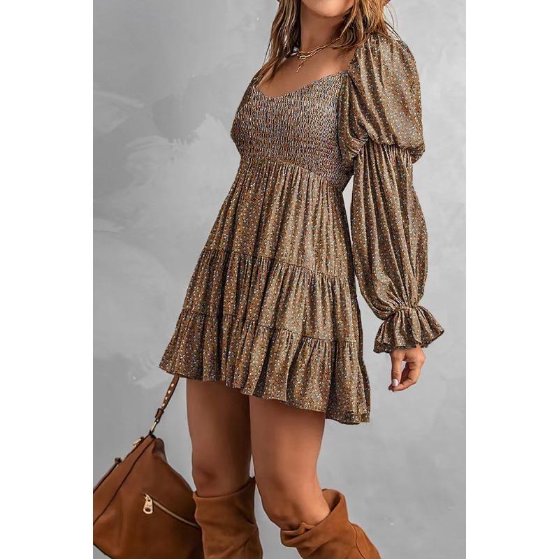 YYFS Women's Fashion Spring Fall Solid Color Print Long Sleeve One Shoulder Middle Waistline Casual Dresses