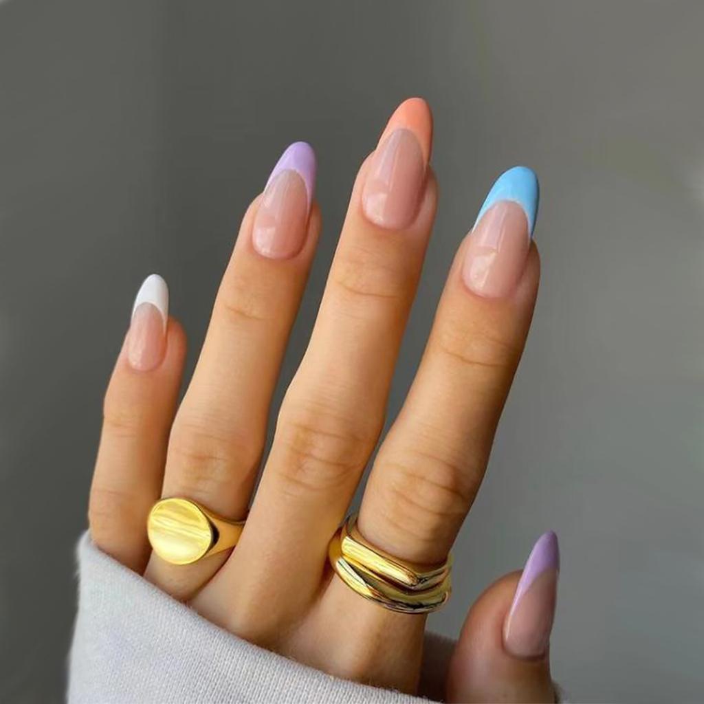 French-style Armor-wearing Rainbow Manicure Color-blocking Fake Nails Fake Nails