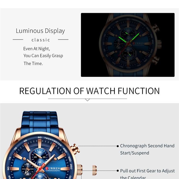 CURREN Ceas cu curea din oțel Calendar simplu, cadran mare, ceas de afaceri, rezistent la apă, moda bărbaților