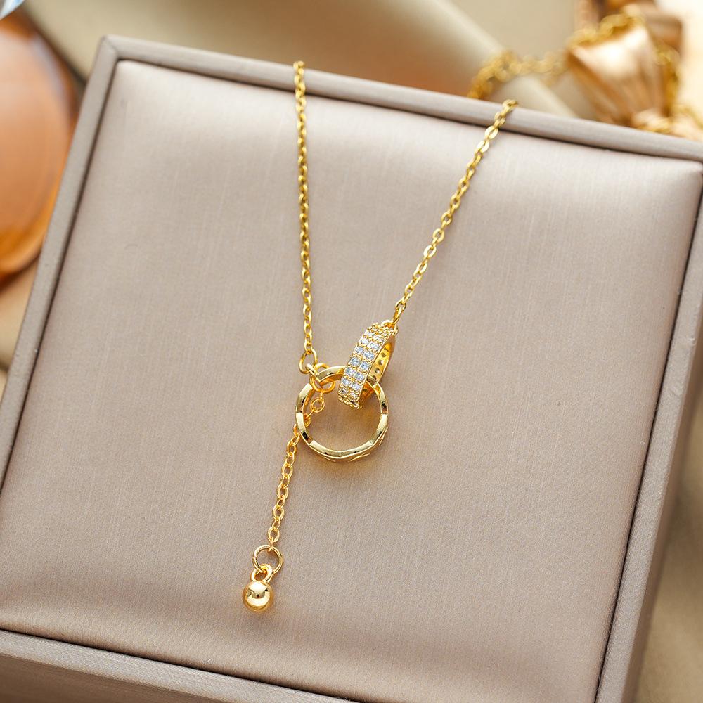 Luxury Double Hoop Tassel Choker Necklace For Women With Micro-Set Circle Pendant Titanium Steel Jewelry