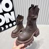 Fashion Women Platform Ankle Boots Mid Heels Leather Pleated Shoes Woman 2024 Trend Snow Boots New Goth Winter Motorcycle Boots Mujer