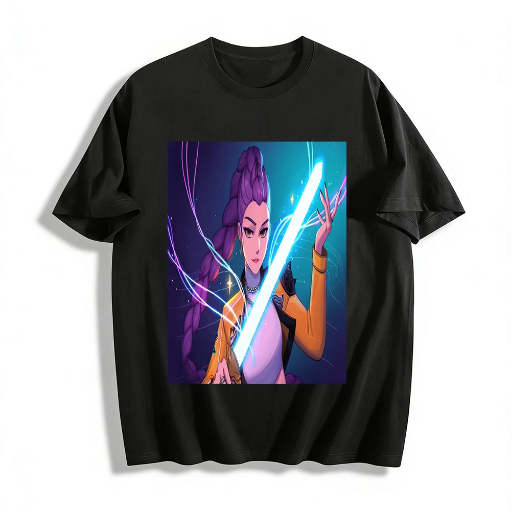 Cyberpunk Purple Braid Girl Print T-shirt Unisex Trendy E-sports Style Loose Streetwear Top Pure cotton T-shirt XXS