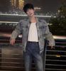 Men's High-End American-Style Denim Jacket: Trendy, Scruffy Cool Hairdresser Vibe with Padded Shoulders and Light Luxury Design.