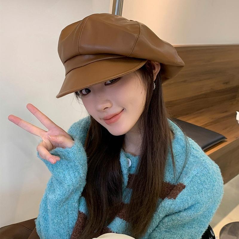

Small face retro leather beret for men and women British pu solid color octagonal hat autumn and winter duck tongue forward hat newsboy Adult (56-58cm) сірий колір
