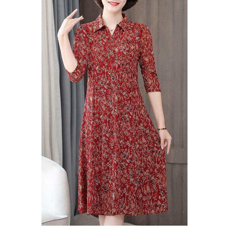 New Mother Suit Summer 7-quarter Sleeve Floral Dress Shirt Collar Mid-length Large Size Middle-aged Women's Clothing