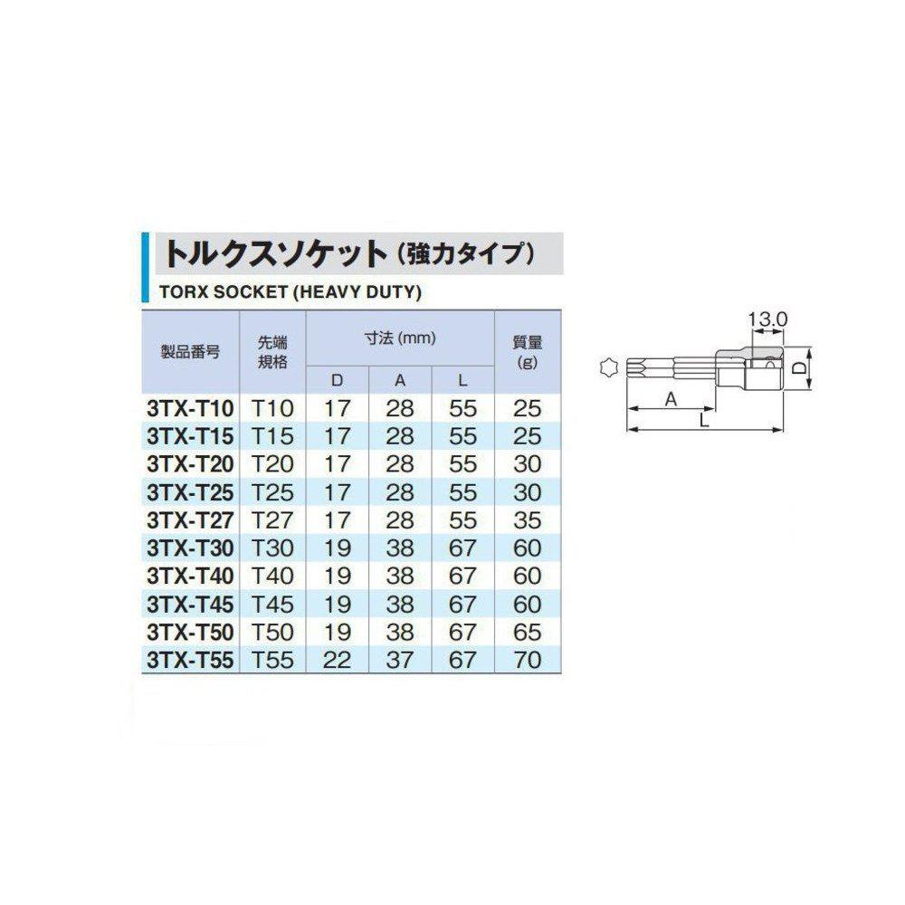 TONE Torx Socket T55 (Heavy Duty) HP3TX-T55, 9.5mm (3/8") Drive,