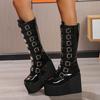 Punk Design Tall Boots Leather Wedge Heel Waterproof Non-slip Cool Thick Ladies Boots Zipper Casual Winter XL 35~43 Tall Boots