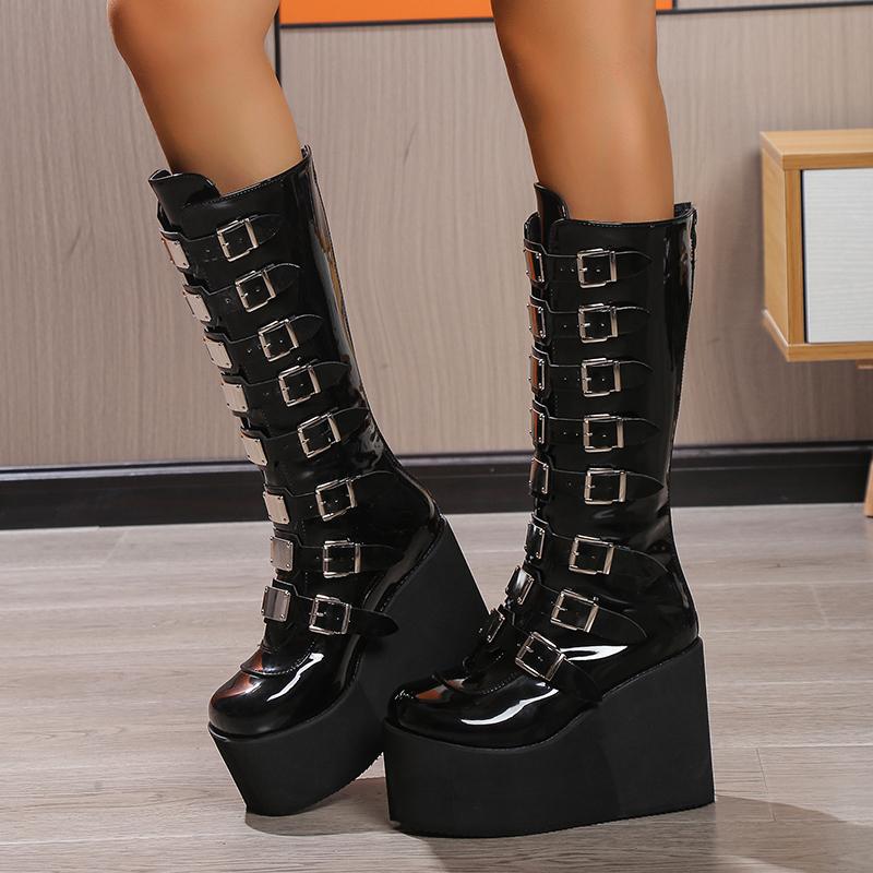 Punk Design Tall Boots Leather Wedge Heel Waterproof Non-slip Cool Thick Ladies Boots Zipper Casual Winter XL 35~43 Tall Boots