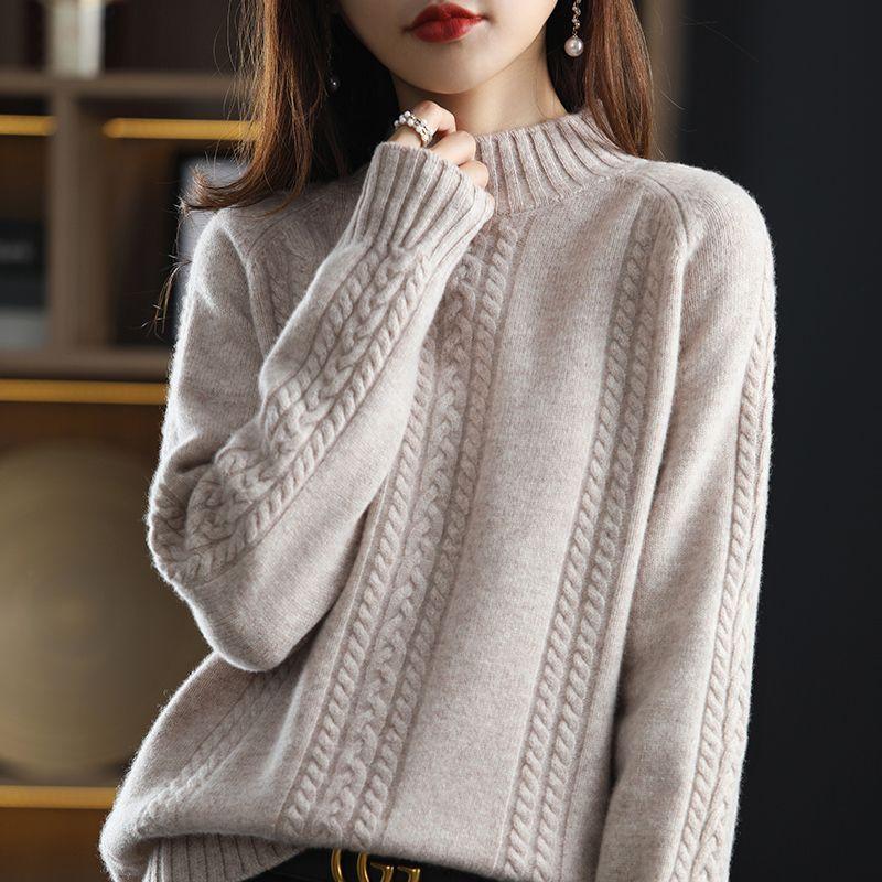 Autumn and Winter Half High Neck Sweater Women's Pullover Wear Winter with Fried Dough Twists Top Underneath Woolen Sweater Thick