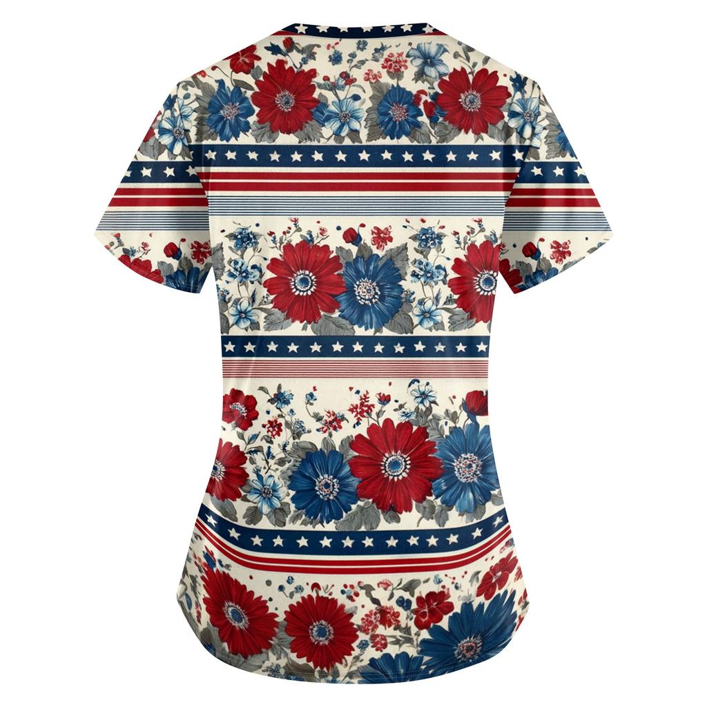 Women's Floral Print Loose Fit V Neck Short Sleeve Medical Scrub Top with Pockets for Healthcare Professionals Comfortable Workwear