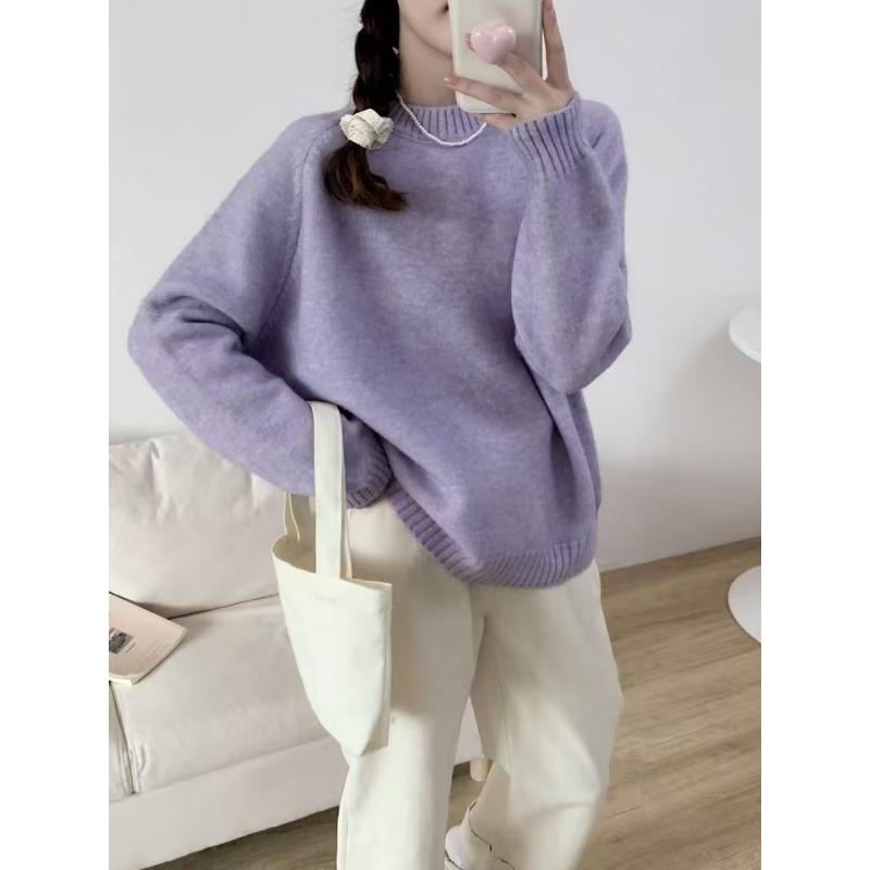 Crew neck knitted pullover sweater for women's autumn and winter new loose and lazy style simple large size knitted sweater for women