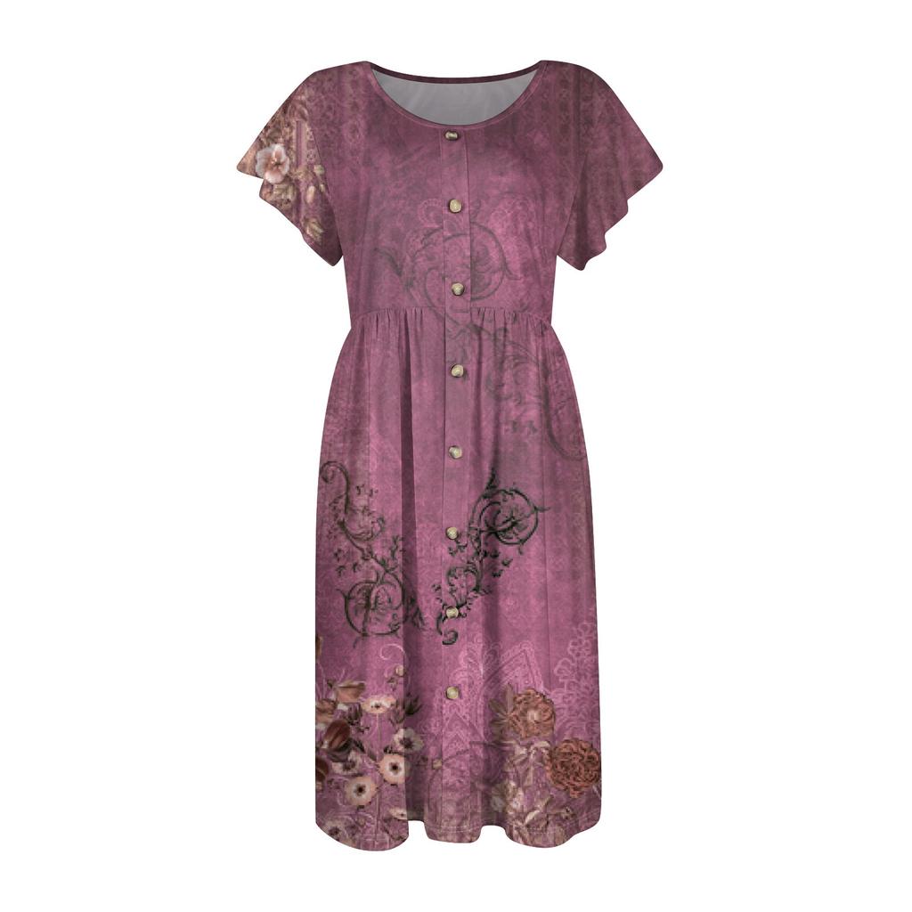Women's Round Neck Summer Fly Sleeve Casual Printed Loose Button Pocket Midi Dresses