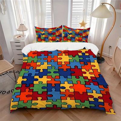 3pcs Puzzle Pieces Bedding Set, Breathable And Soft, Suitable for All Seasons Machine Washable, Suitable for Bedroom Decoration,yy250822189