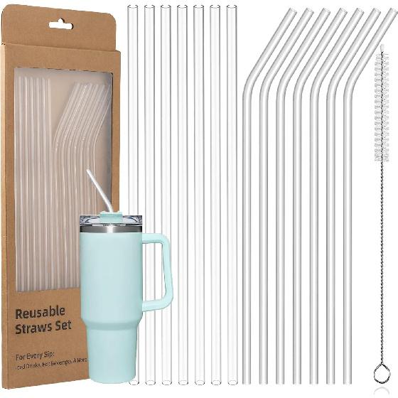 12 Pack Reble Straws Compatible with Stanley/Yeti 30oz-40oz Cup Tumbler, 12" Long Plastic Clear Bend Replacement Straws with Cleaning Brush for