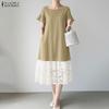 ZANZEA Women Casual Round Neck Short Sleeve Loose Lace Splice Dress