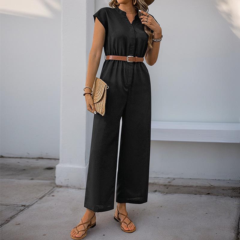

2026 European & American Summer Casual V-neck Short-sleeved Waist-cinching Jumpsuit for Women. Extra Large чорний
