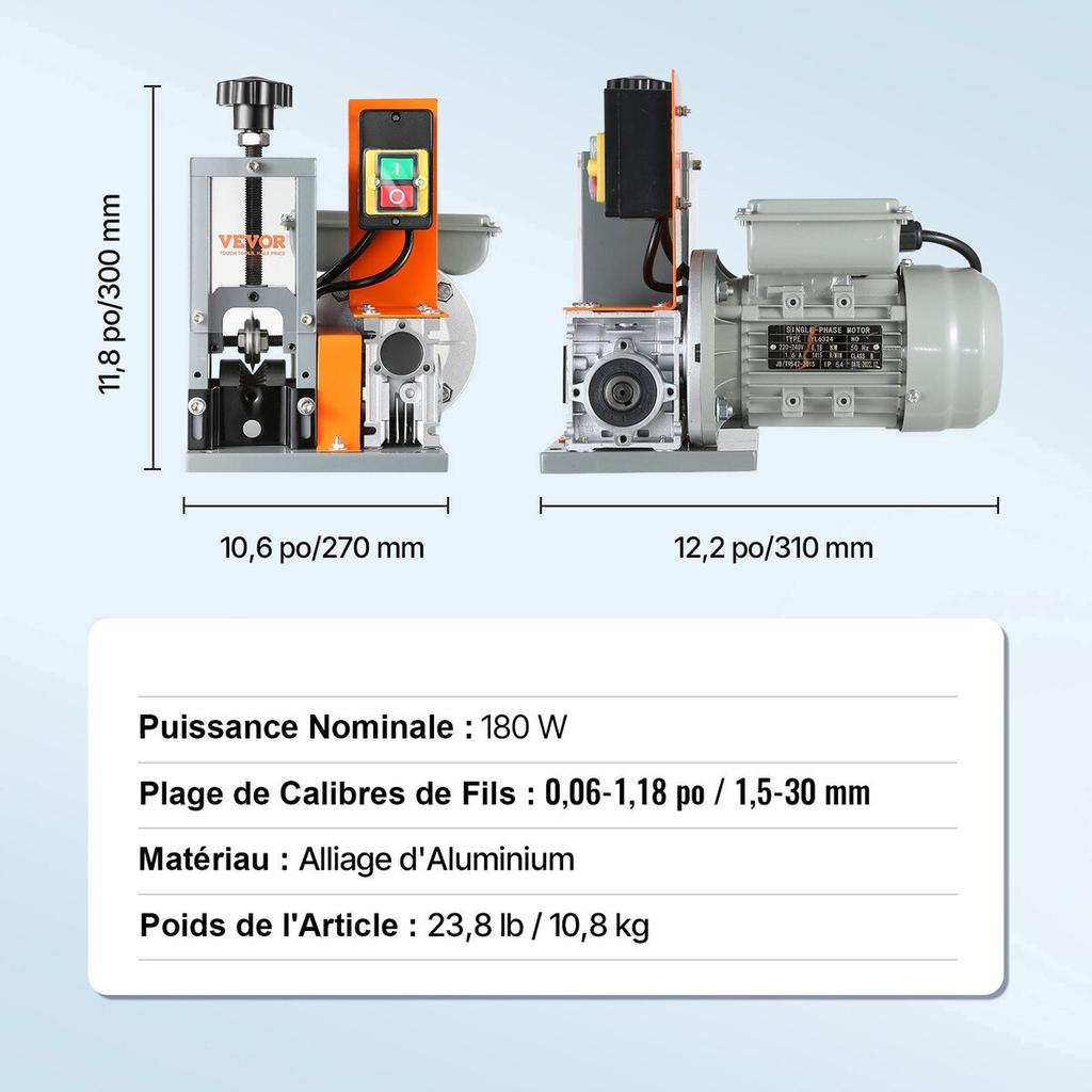 Automatic Wire Stripping Machine, 0.06''-1.18'' Electric Motorized Cable Stripper, 180 W, 60 Ft/min Wire Peeler with Visible Stripping Depth