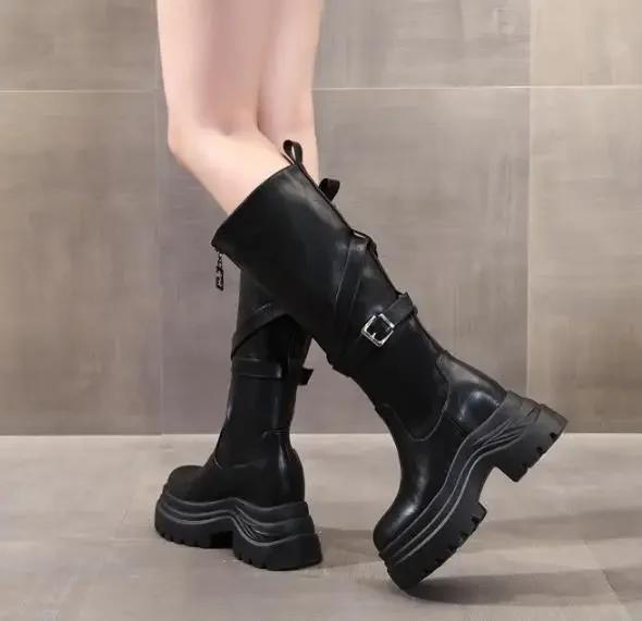 9CM Microfiber Women Boots Knee High Fashion British Ankle Spring ZIP Synthetic Boots Leather Autumn Platform Wedge Shoes