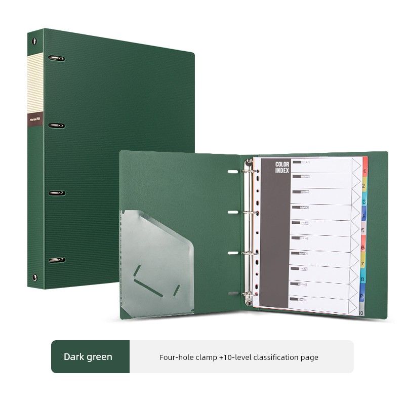 Page Plastic Separating Tissue 4-Hole Test Paper Storage Clip Perforated Shell Insert Bag Binding Paper Clip Large Capacity Hard Shell A4 Paper Folder Dark Green (Level 10 Classification Page)