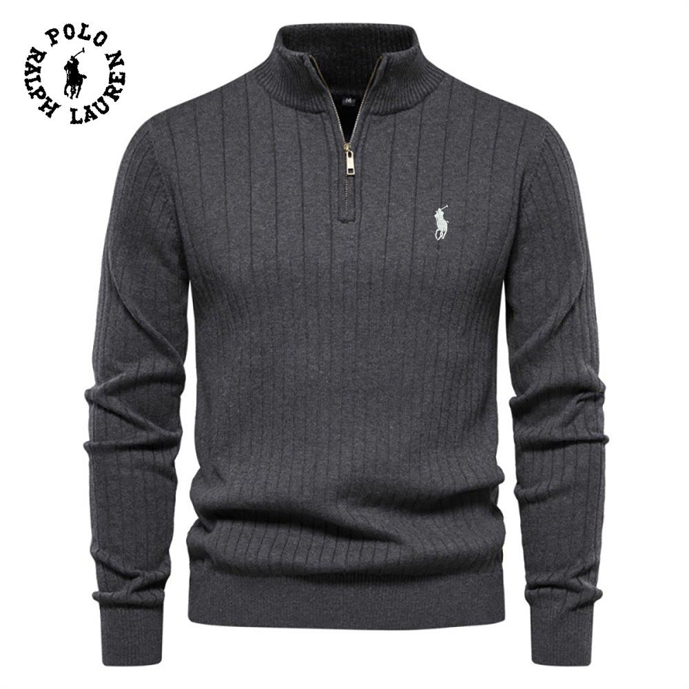 Ralph Lauren Embroidered Stand Up Collar Cotton Men's Sweater Casual Half Zipper Solid Color Pullover High-quality Men's Knitted Sweater