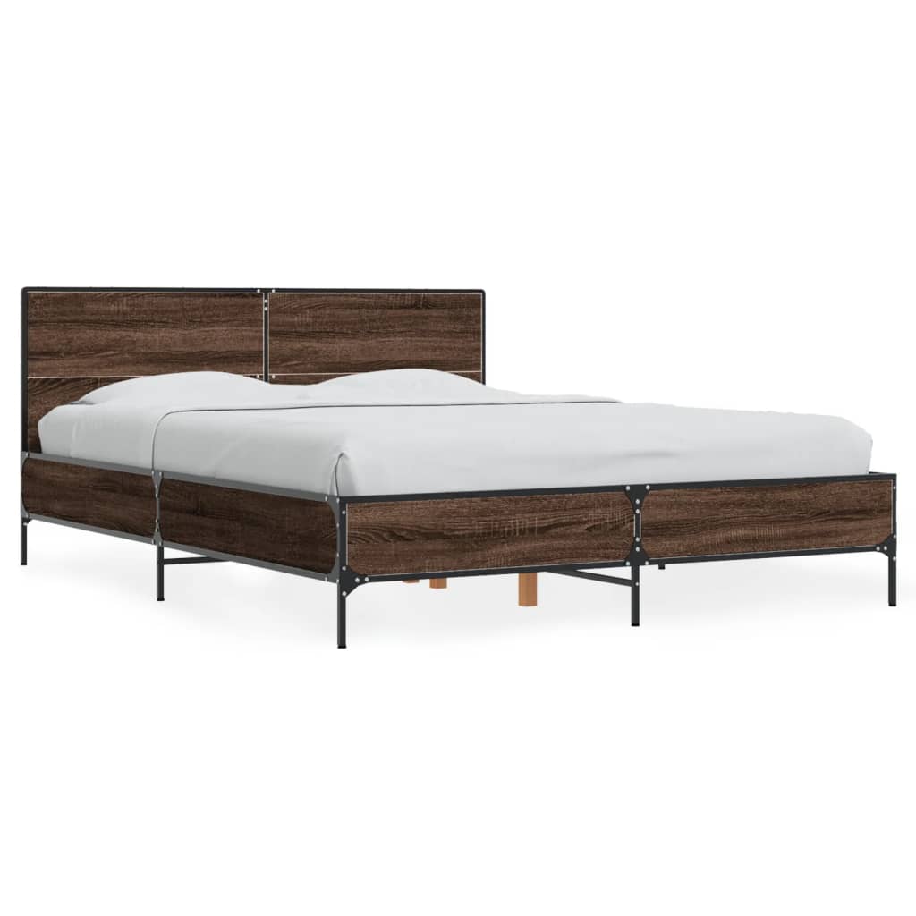 Brown Oak Effect Bed Frame 135 x 190 cm Wood Based Panel & Metal