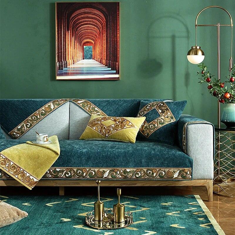 Luxury Embroidery Sofa Towel Fashion Solid Color High Grade Chenille Sofa Cover Chinese Anti-slip Couch Covers for Living Room