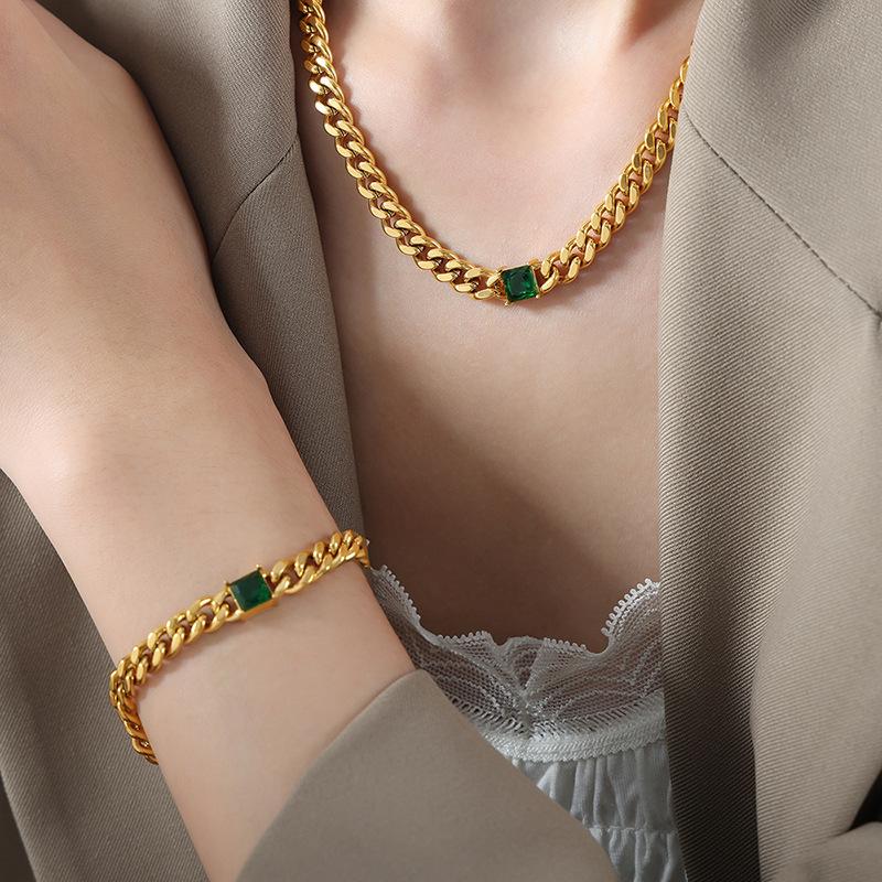 Stainless Steel Cuban Chain Necklace and Bracelet Set 18K Gold Plated Green CZ Stone Chunky Link Tarnish Free Jewelry