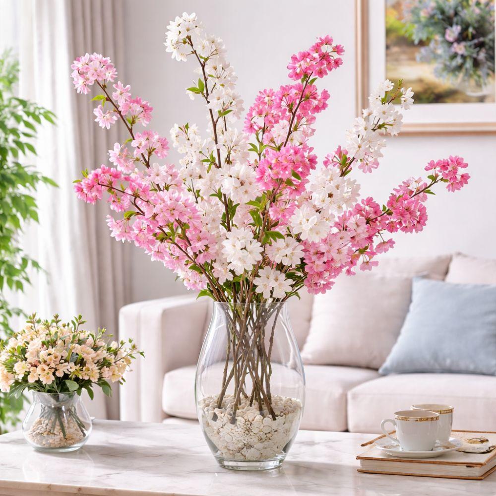 Realistic Silk Cherry Blossoms Branch Long Fake Flower Artificial Cherry Blossom  Table Decoration