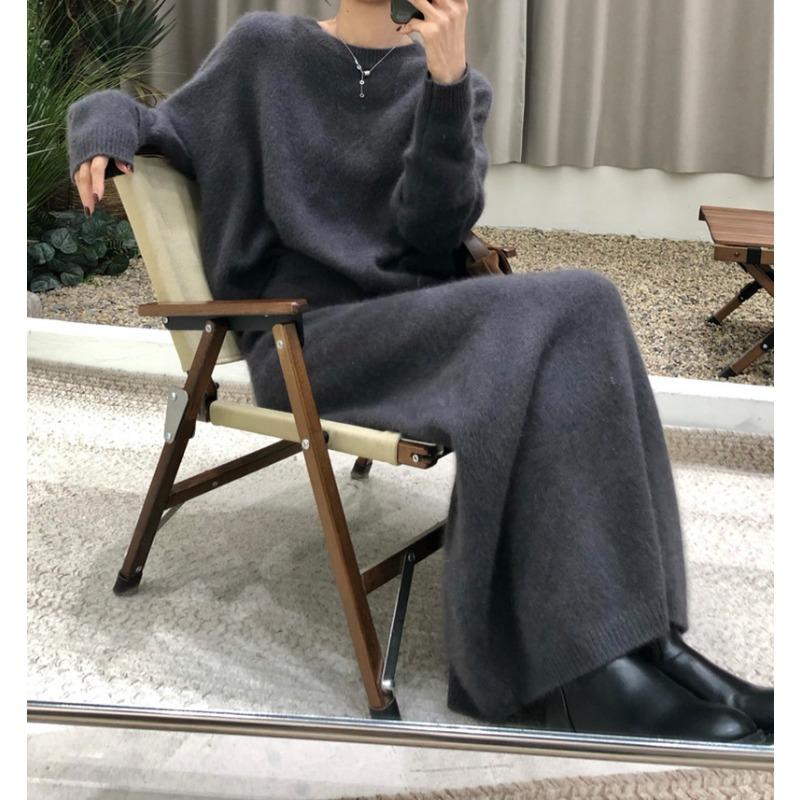 

Прямая юбка + свитер комплект из двух предметов осень и зима новый ленивый ветер большой размер комплект вязаный свитер женский One Size серый