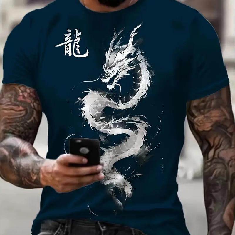New Summer Men's Fashion T-shirt Personality Dragon Printed Men's T-shirt Top