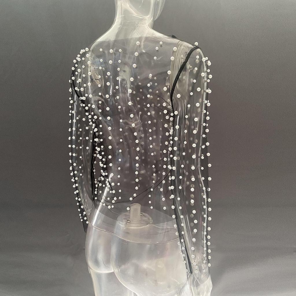 2023 Heiß verkaufendes Damen transparentes Netz-Langarmtop mit Perlenblasen für Frühling/Sommer