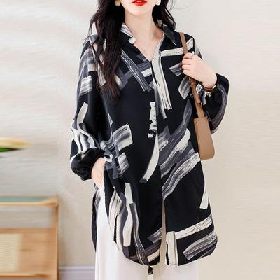 Printed Mid Length Spring and Autumn Long Sleeved Shirt for Outerwear Undershirt Top Women's Shirt
