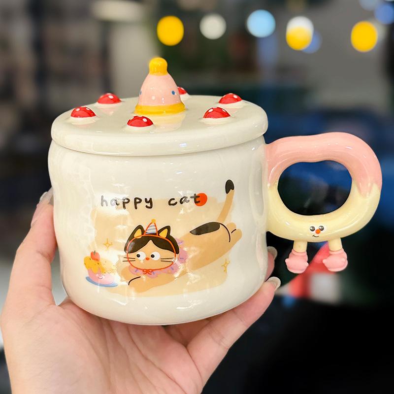 Cute Cat And Dog Ceramic Mug With Lid Creative Birthday Gift Cup Girl Heart Home Coffee Cup Souvenir