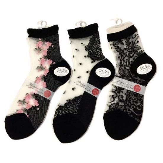 

EM Wear Сделано в Японии Цветочный Шелковый Набор ваших Японских Женских Прозрачных Носков, Смесь, 3 пары (Выбор узора) чёрный