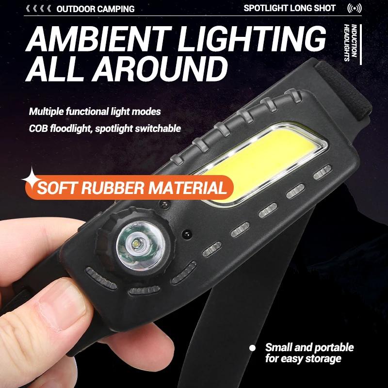 Super Bright XPE+COB Induction Headlight Dual Light Source Waterproof Outdoor Portable Running Fishing Night Running Flashlight