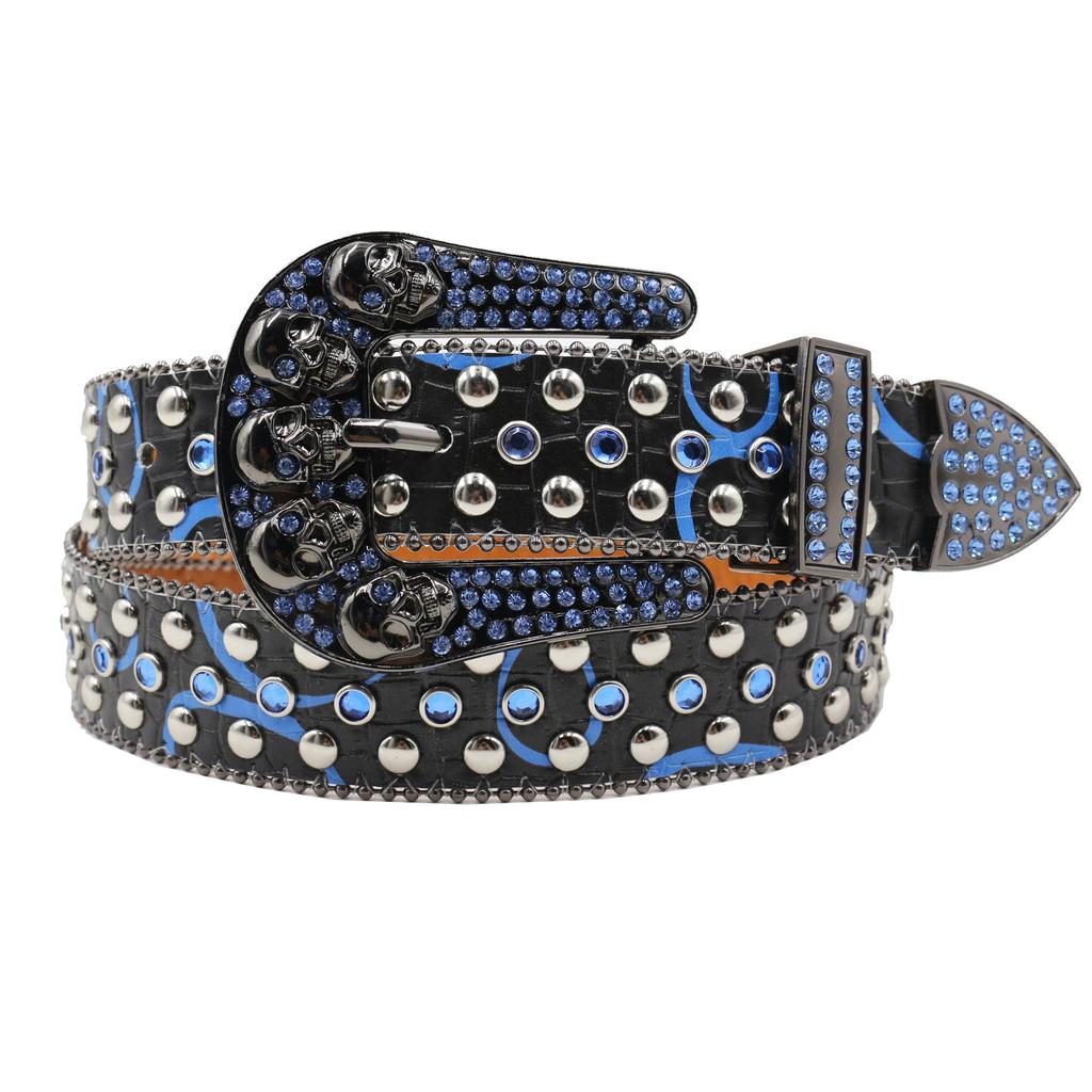Rhinestone Skull Wide Belt Men Inlaid with Rhinestone Flash Diamond Hip Hop Punk Personality Fashion Non-mainstream