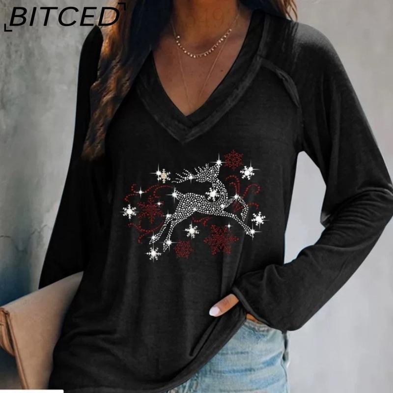 

BITCED Spring/Fall Women s Skull-Print Rhinestone-Embellished Casual Long-Sleeve Pullover T-Shirt with Deep V-Neck XXL димчастий чорний колір