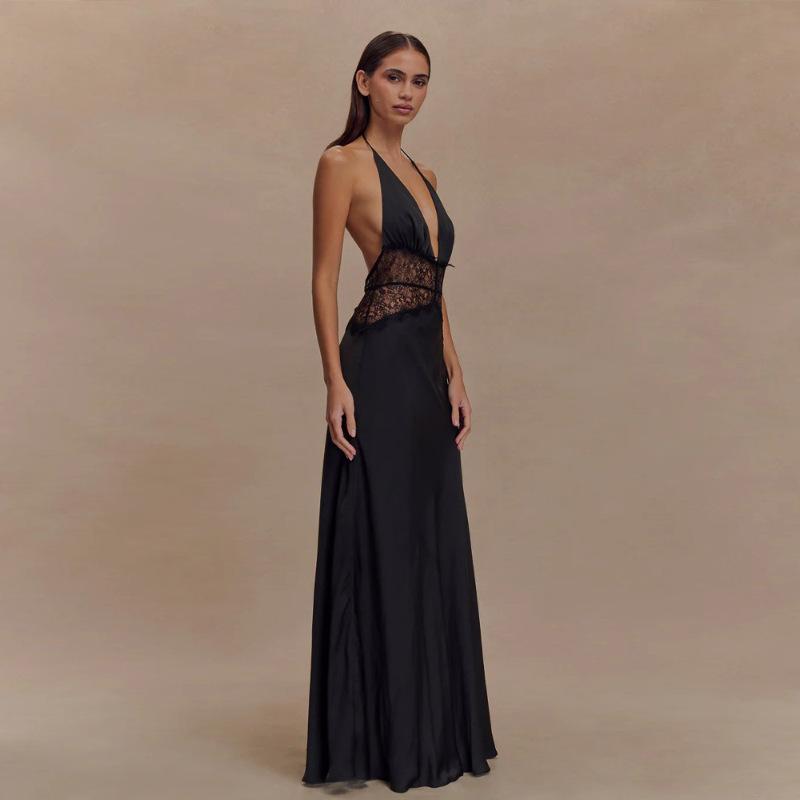 Autumn New Deep V Sexy Long Dress European and American Temperament Neck High Waist Halter Dress