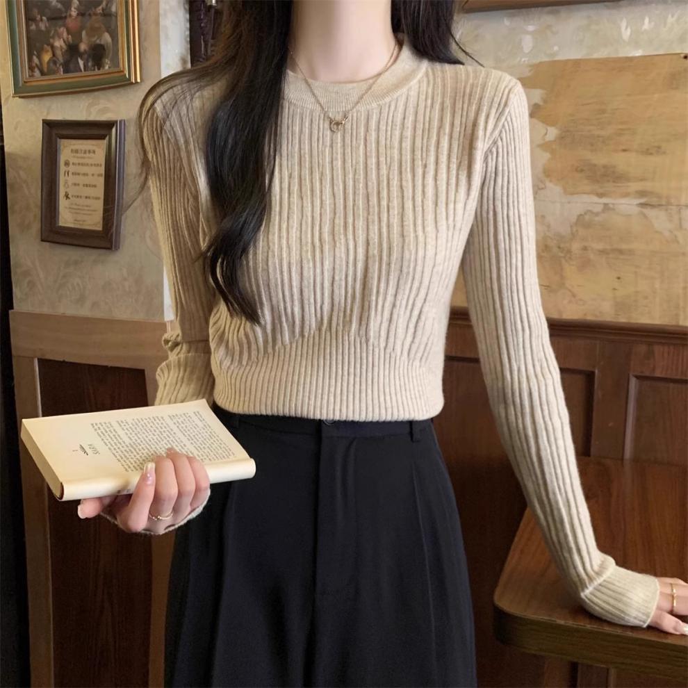Round Neck Sweaters Knitted Sweater for Women Autumn Winter Basic Pullovers Slim Fit Waist Cinching Short Pullover