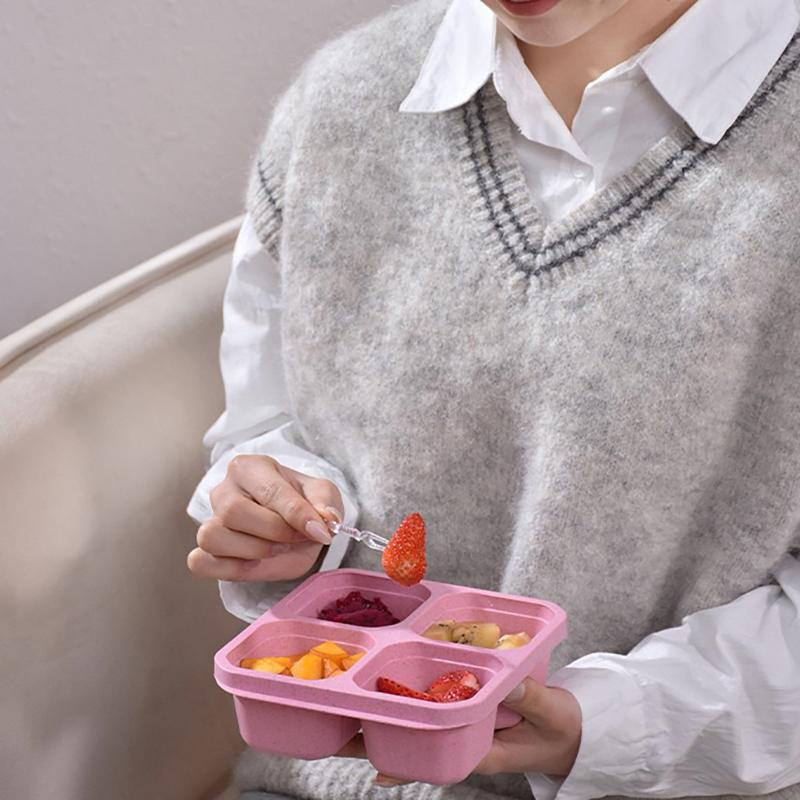 Quadratische Trenn-Bento-Box Wiederverwendbarer 4-Fächer-Lebensmittelbehälter Snack-Nüsse Mit Deckel Weizenstroh-Lunchbox Küchenzubehör